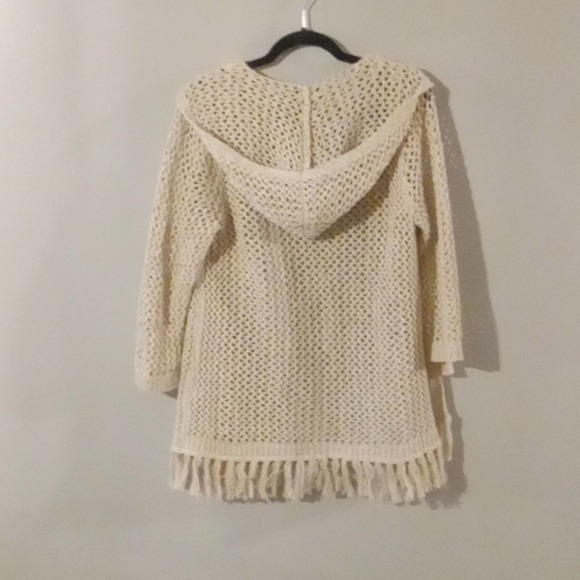 Crochet Sweater Boho Fringe Sweater J JILL Swim Cover w/ hood - Picture 2 of 7